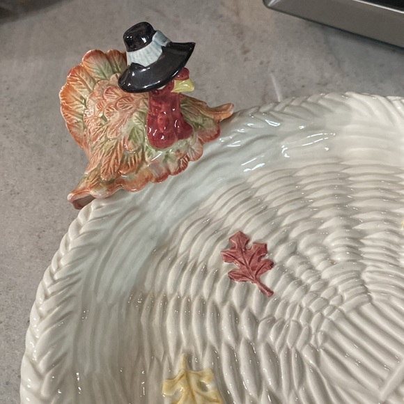 2 Vtg Fitz and Floyd Pilgrim's Progress Leaf Turkey Thanksgiving Serving Platter - Picture 3 of 16